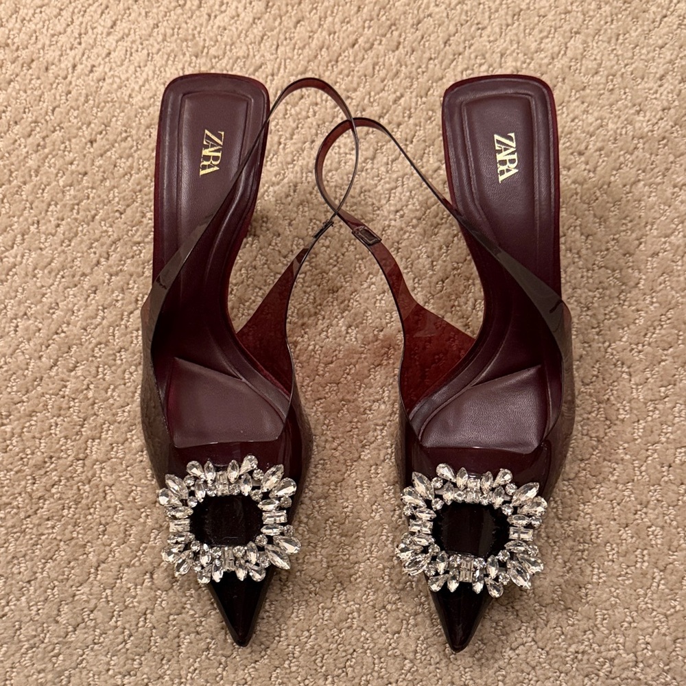 Zara Women's Dark Red Heels with Sparkling Embellishments
